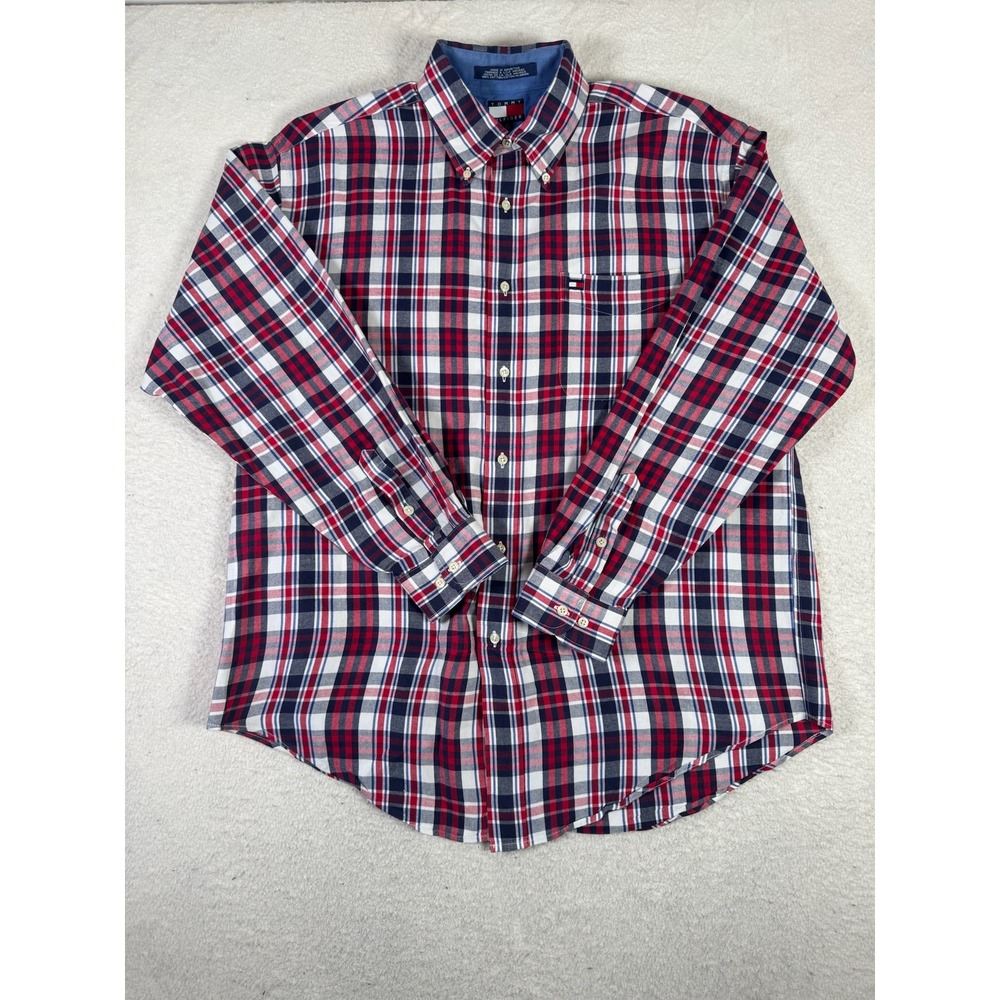 Tommy Hilfiger Button Down Shirt Mens Large Red Blue Plaid Excellent Cotton Logo